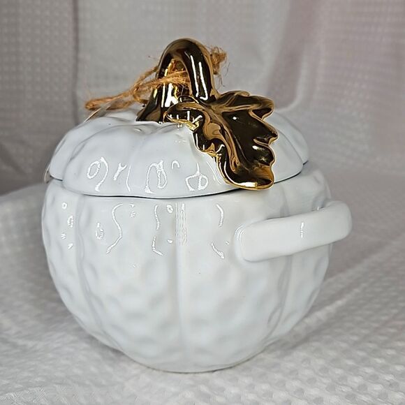 14 oz White & Gold Covered Pumpkin Bow with Handles -  NIB - Picture 4 of 9